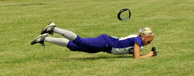 Sophomore outfielder, Jenny Schaffer made a diving catch.